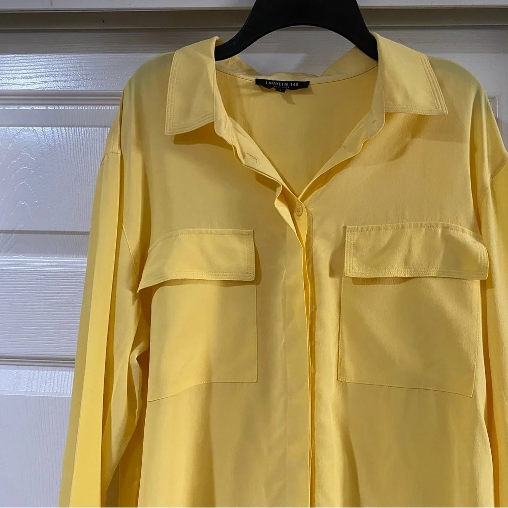 Lafayette 148 100% Silk Button Front Blouse Long Sleeve Relaxed Fit Yellow Large - Picture 3 of 10